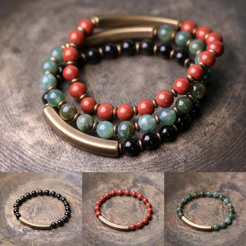 Pierre rouge cuivre Simple une rangée de bijoux africain vert perlé fabriqué à la main Couple Bracelets pour femme noir obsidienne guérison