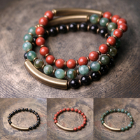 Red Stone Copper Simple One Row Jewelry  African Green Beaded Handcrafted Couple Bracelets For Women Black Obsidian Healing