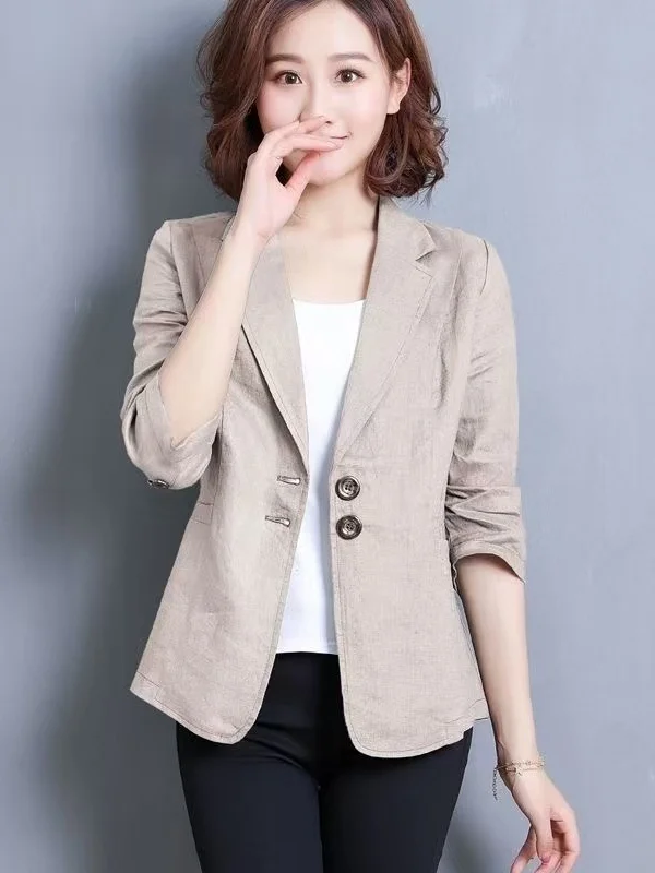 Slim Fit Cotton Linen Thin Suit Jacket Women's Style Summer Design Seven Sleeve Outerwear Elegant Thinming Design Single Button