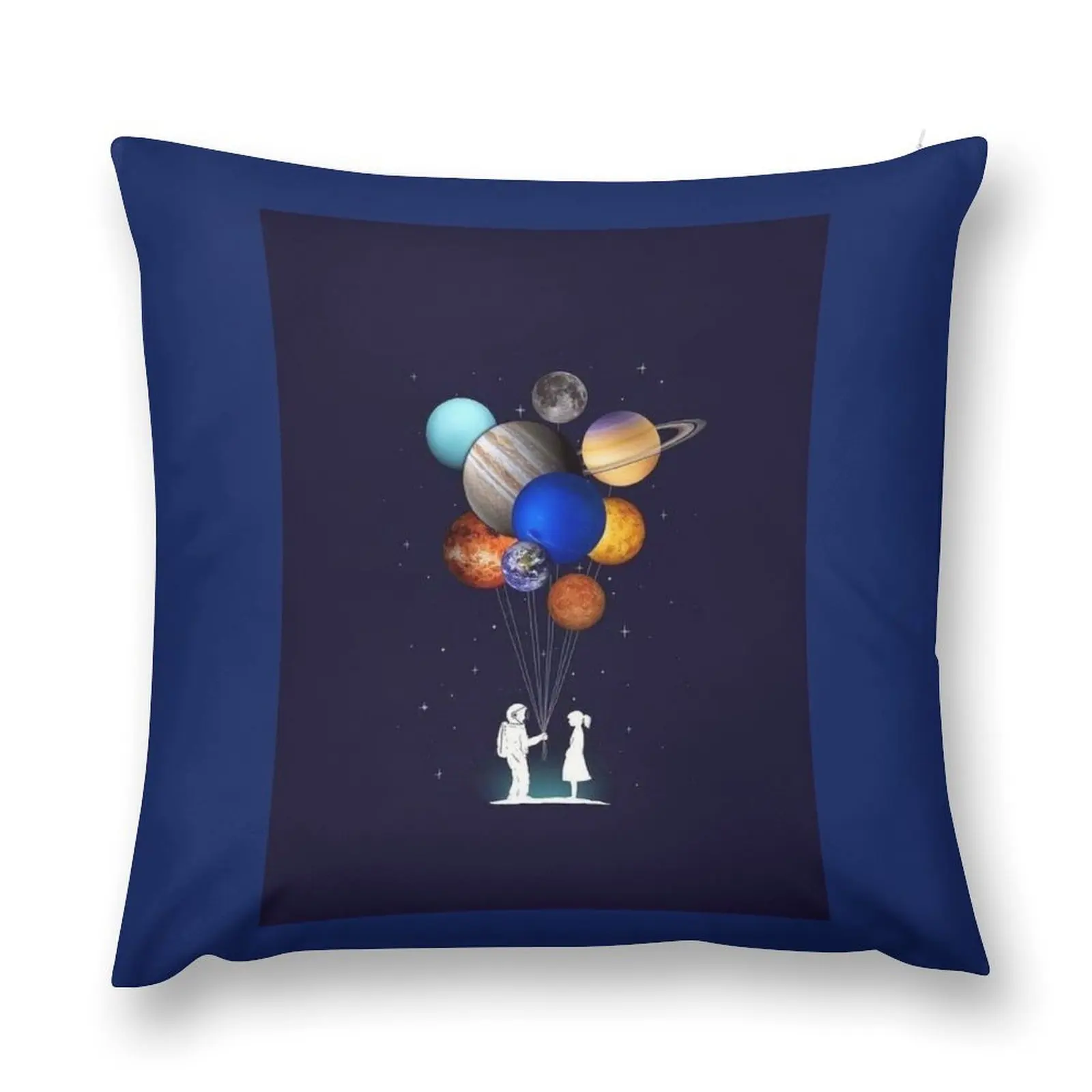 Astronaut with a girl holding balloons that are planets Throw Pillow Marble Cushion Cover pillow