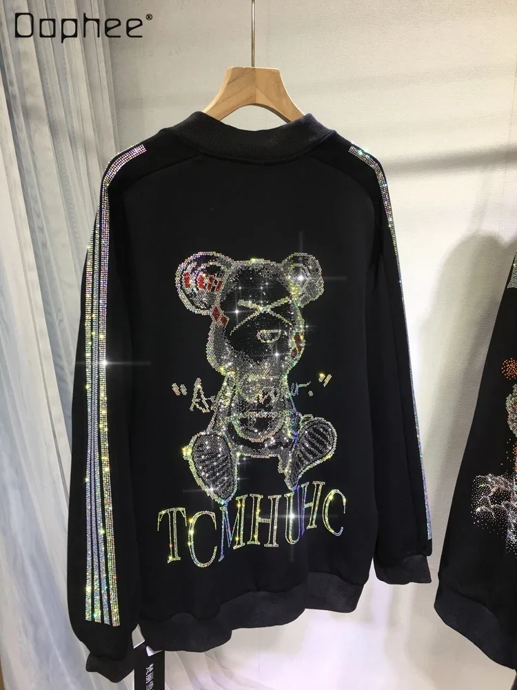 

Hot Drilling Fleece Padded Thickened Coat Women 2023 Autumn Winter Cartoon Bear Loose Mid-Length Long Sleeve Sweatshirts Female