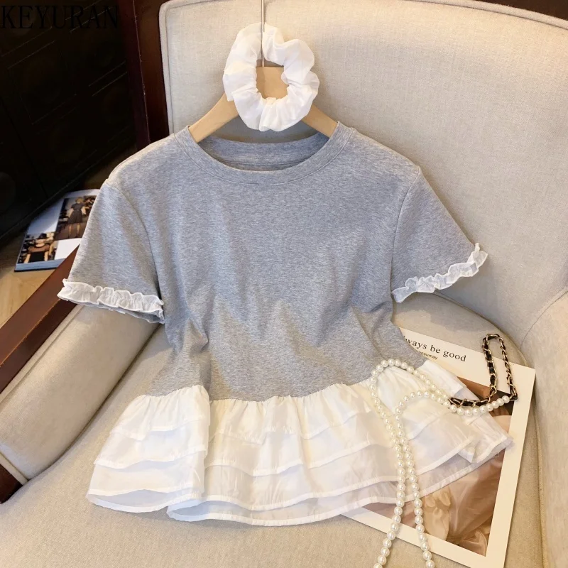 

2025 Summer Gray Lace Splicing Ruffles Short Sleeved T-shirt Women Casual Comfortable Breathable Loose Tshirts Tops Female Tees