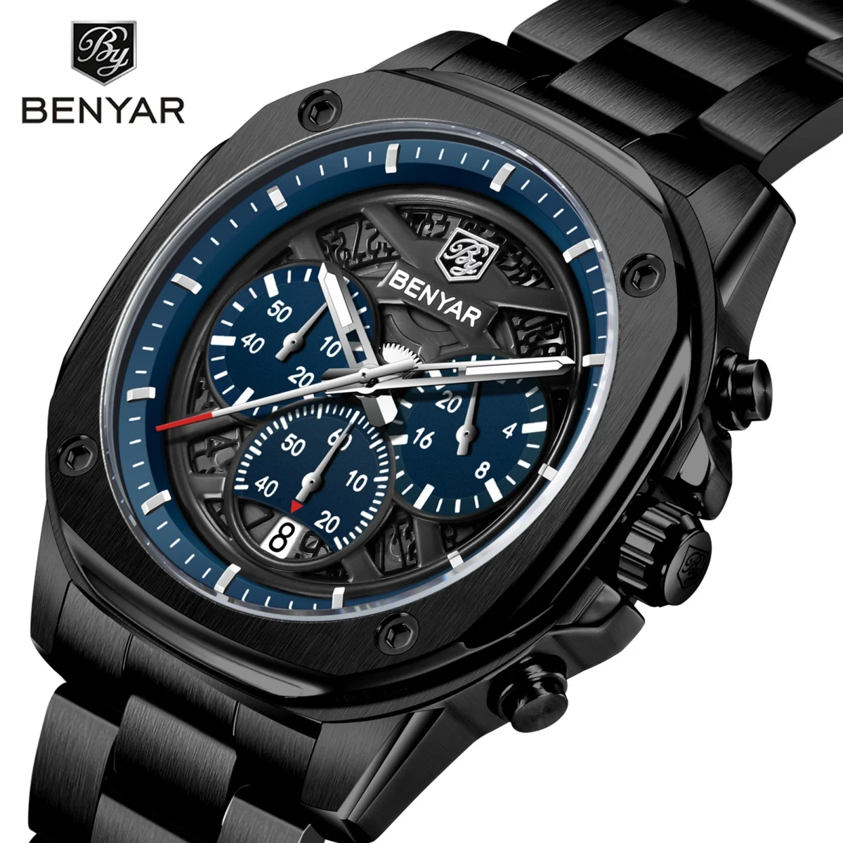 

Мужские роскошные часы BENYAR 5222 с браслетом из нержавеющей стали, водонепроницаемые, кварцевые, деловые наручные часы, подарок для мужчин, Reloj Hombre