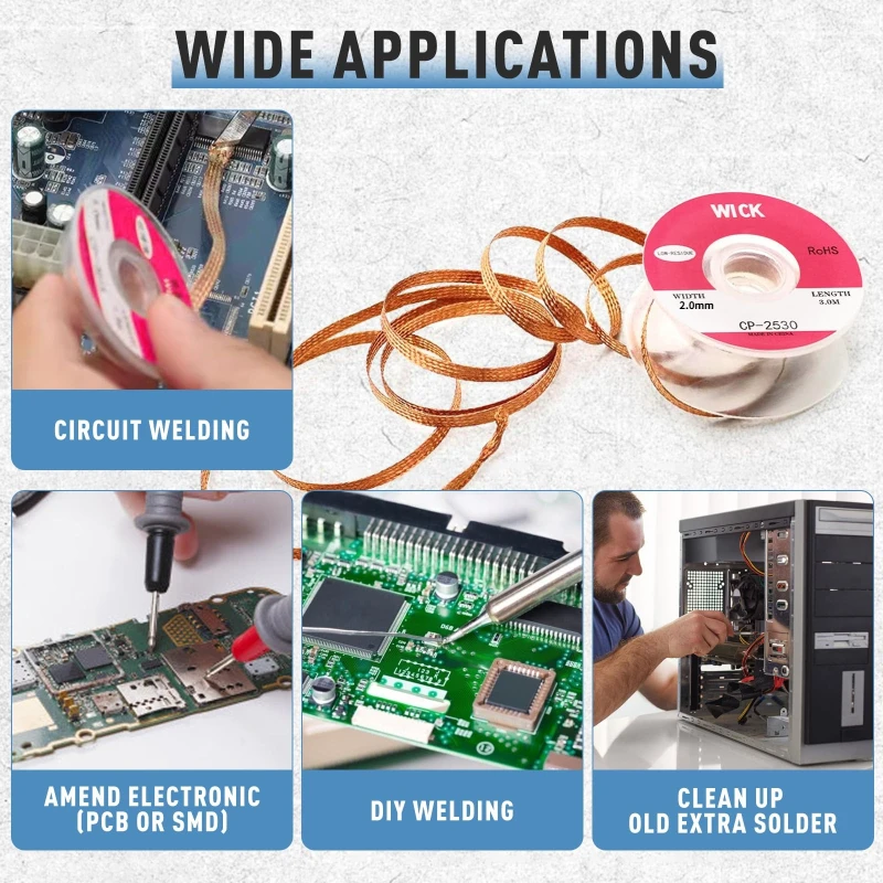 No‑Clean Desoldering Braid Copper Solder Wick Roll Tin Absorption Wire Solder Remover Mesh Tape for PCB Circuit Board BGA Chip