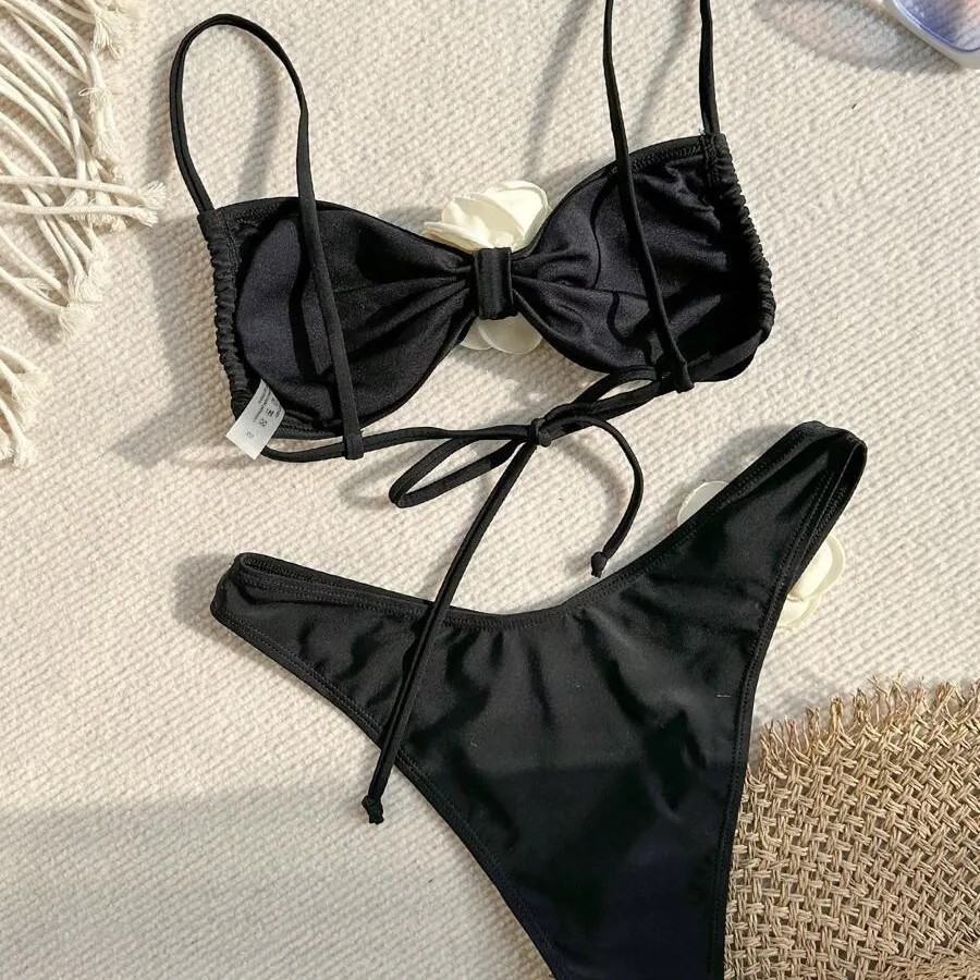 New Bikini Sexy Three-dimensional Flower Tube Top High Split End Solid Color Swimsuit Bikini