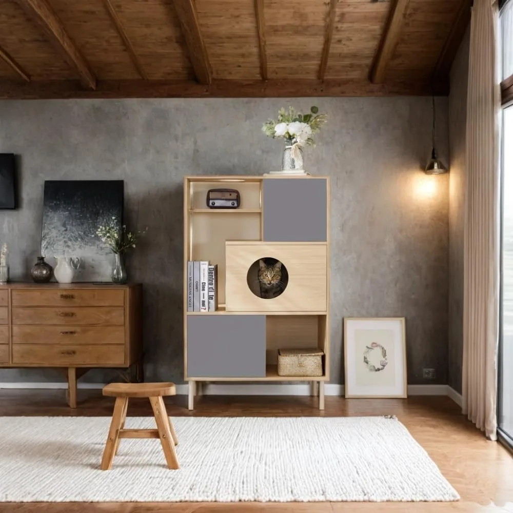 Torre per albero da arrampicata per gatti da interni - Albero per gatti moderno in legno multistrato con tiragraffi per gatti