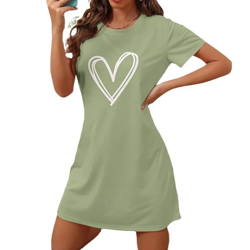 Sexy Nightwear Women Large Size Ladies Pajamas Dress Short-Sleeved Nightgown Female Love Print One-Piece Solid Colour Sleepwear