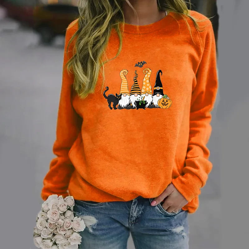 Funny Halloween Gnome Cat Harajuku Pattern Print Sweatshirt Women's Fashion Outdoor Street Long Sleeve Pullover Top