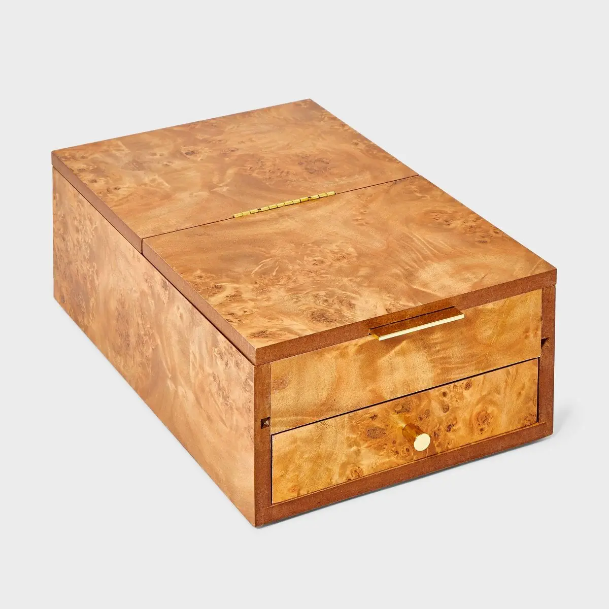 

Two Drawer Mirror Burlwood Jewelry Organizer Brown: MDF Storage Box with 11" Depth, 3.85" Height