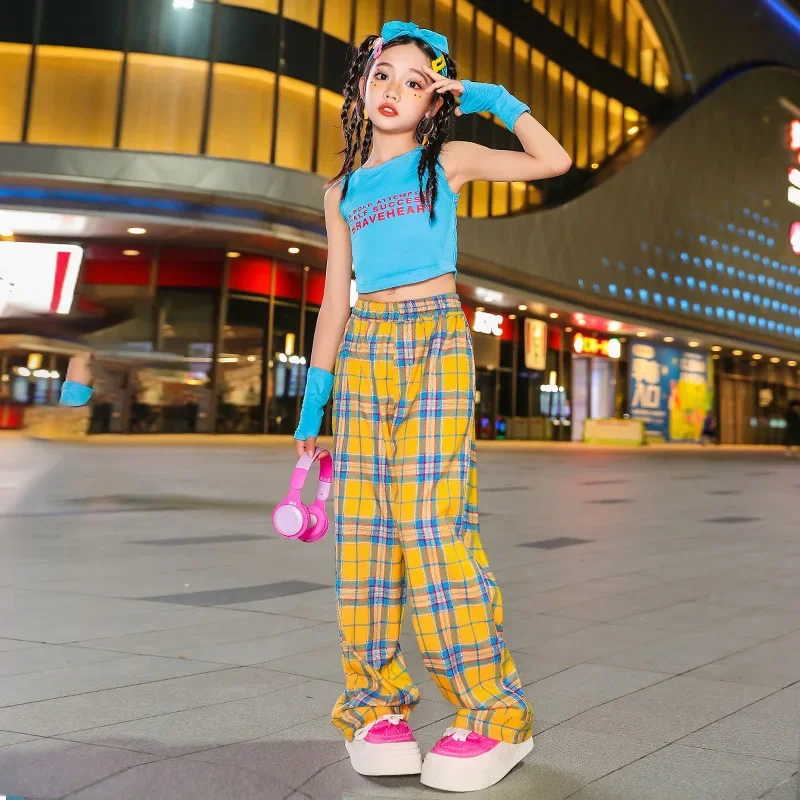 Crop Top giallo Plaid Cargo Pants Suit Girls' Summer Stage Jazz Dance Spicy Girls' Performance Clothes Girl Hip Hop Clothes