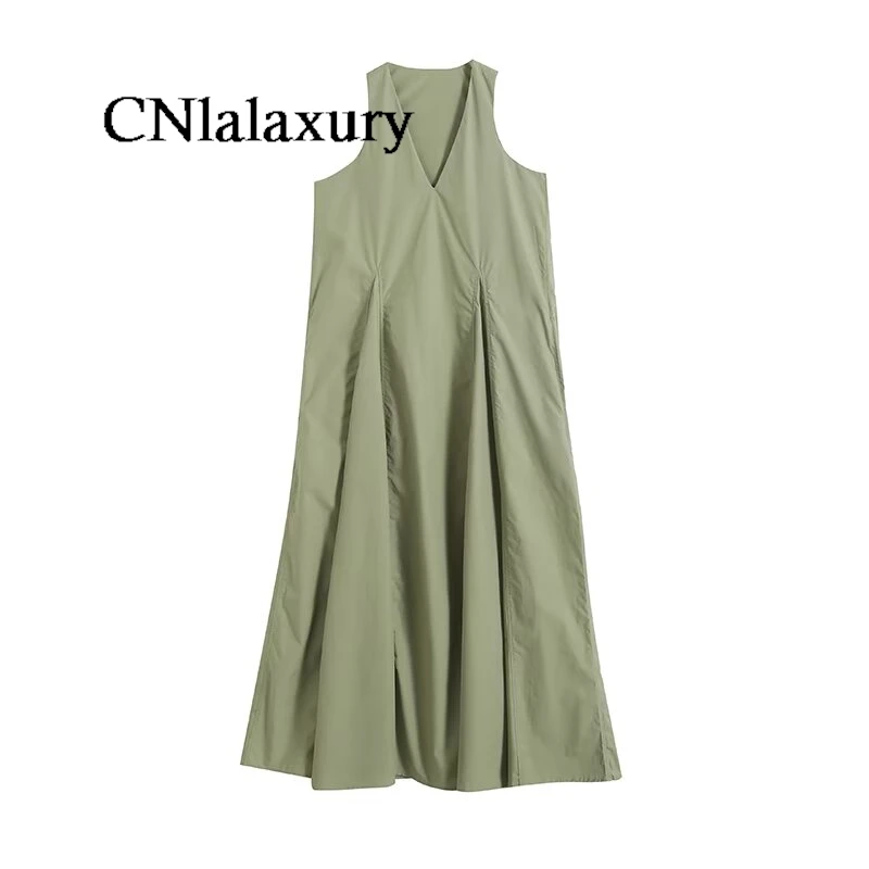 CNlalaxury Women 2024 Summer New Fashion Vests A Casual Party Dress Retro Sleeveless Chic V-neck Long Dress Vestidos Mujer