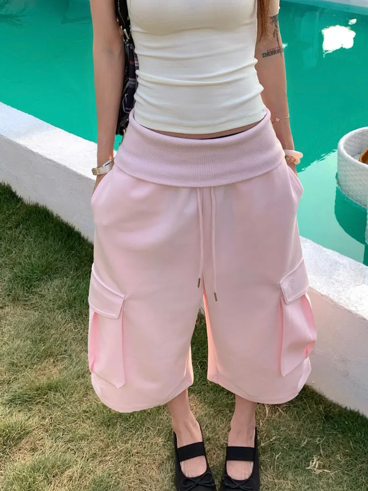 Fold Over Waist Drawstring Cargo Capris for Women Soft Wide Leg Multi Pocket Casual Cropped Sweat Pants
