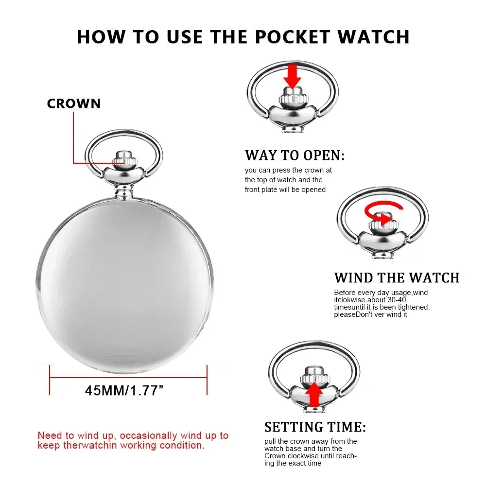 Silver Double Face Hand Wind Mechanical Pocket Watch Luxury Vintage Pocket&Fob Chain Watches Practical Pendant Chain Clock Gift