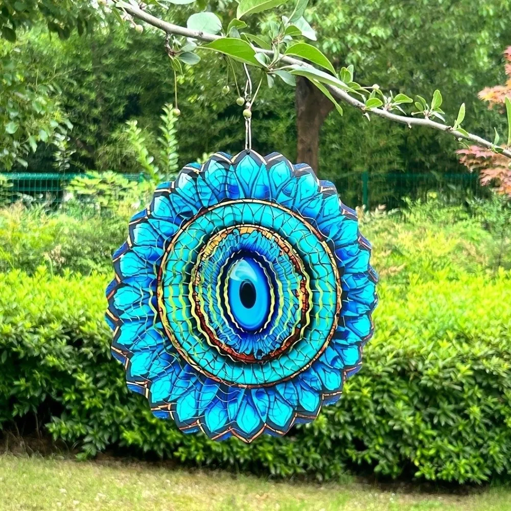 Yard Art Metal Mandala Wind Spinner Hanging Decorative Hanging Wind Chime Blue Eye 3D Wind Spinner Window