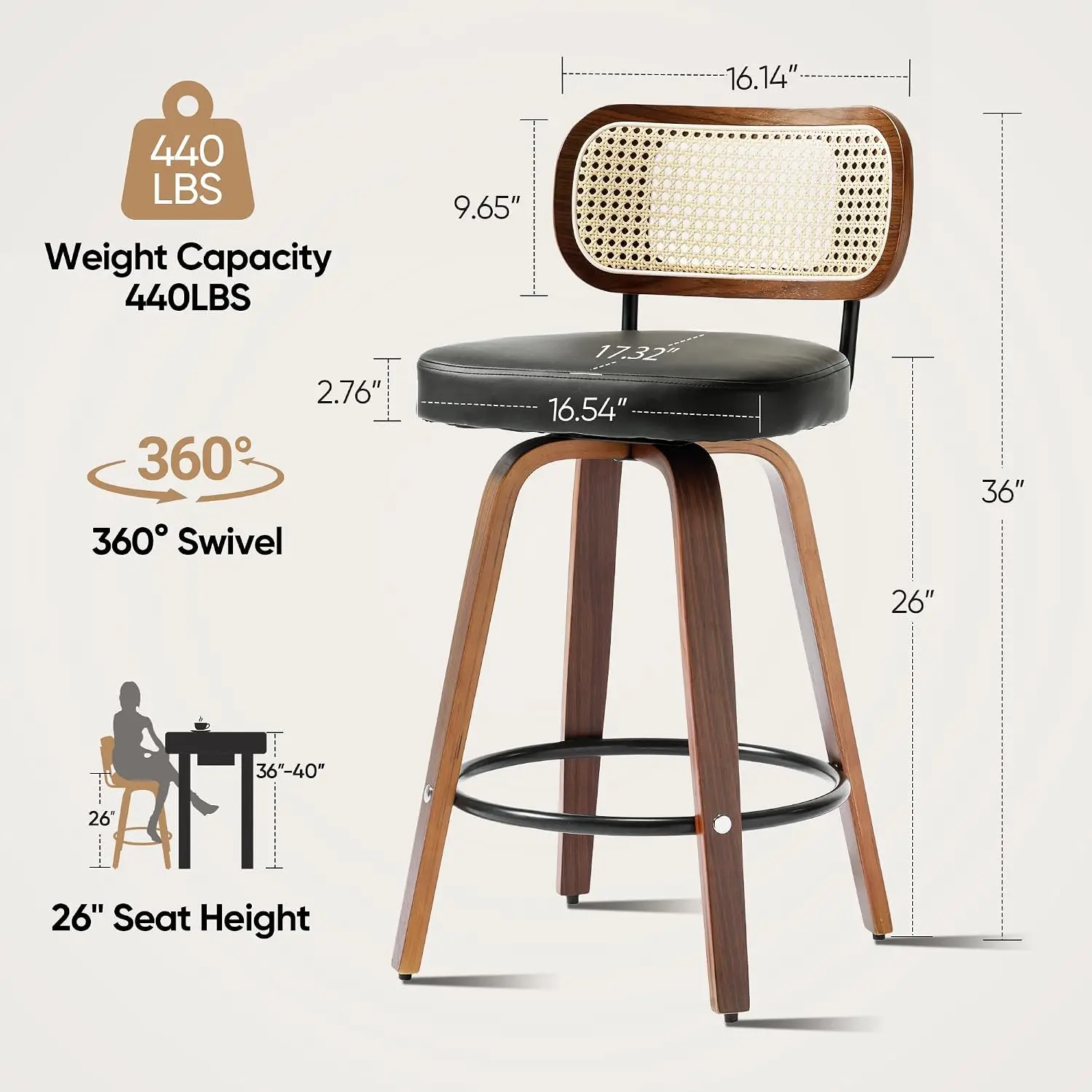 Natural Rattan Bar Stools Set of 2, 26 Inch Counter Height Barstools with Backs, PU Leather Seat, 360° Swivel, Customized