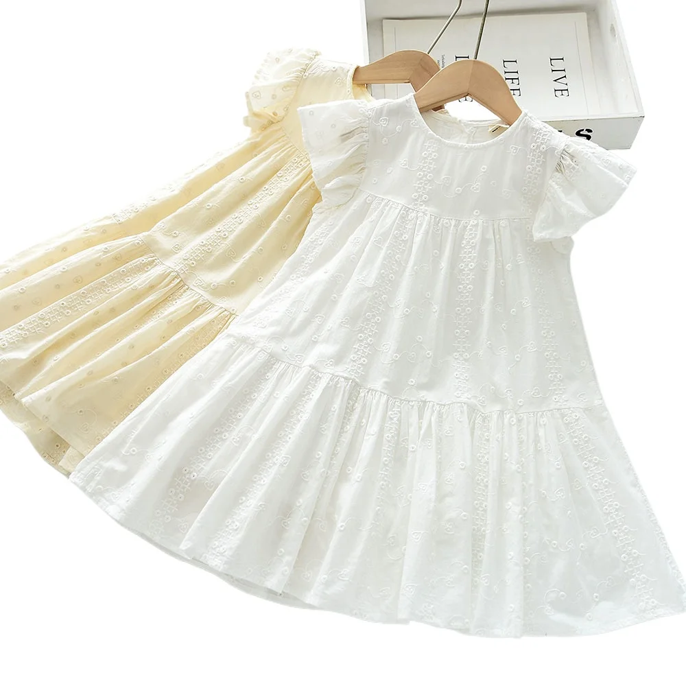 

Girls' Dress 2025 Summer New Flower Embroidered Girls' Round Neck Pure Cotton Flying Sleeve Tank Top Dress Kids Clothes