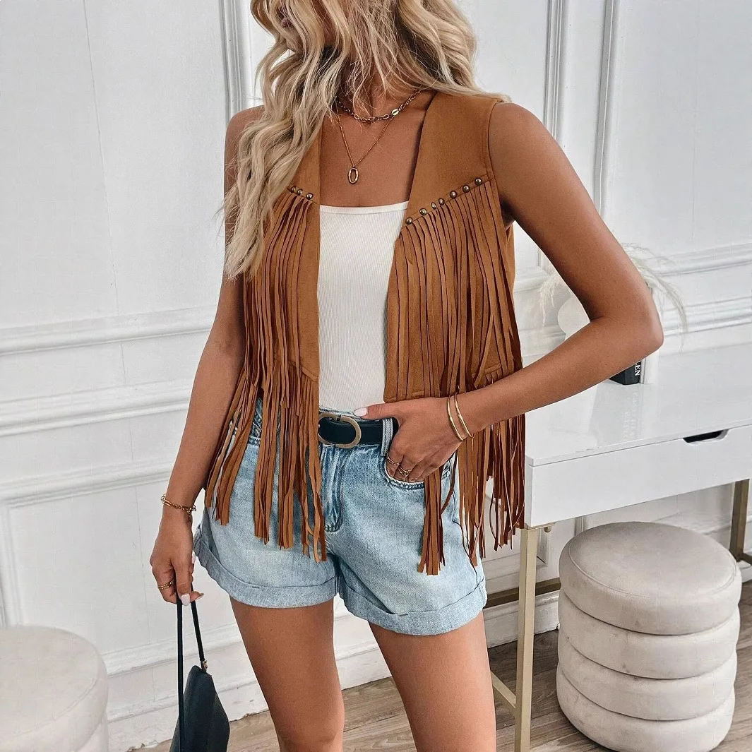 

European and American style imitation suede tassel vest women's western style rivet sleeveless cardigan vest retro casual top