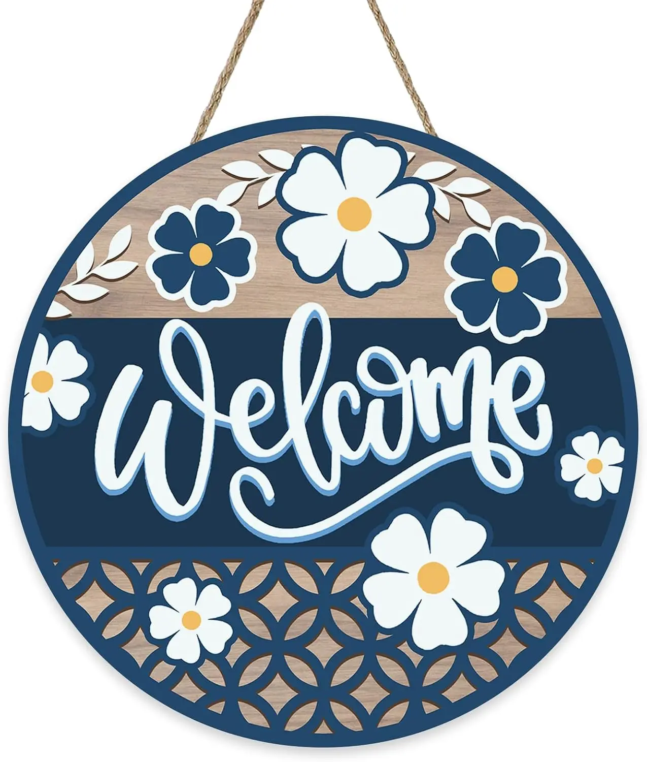 Welcome Spring Summer Floral Front Door Sign, Navy Blue White Daisy
