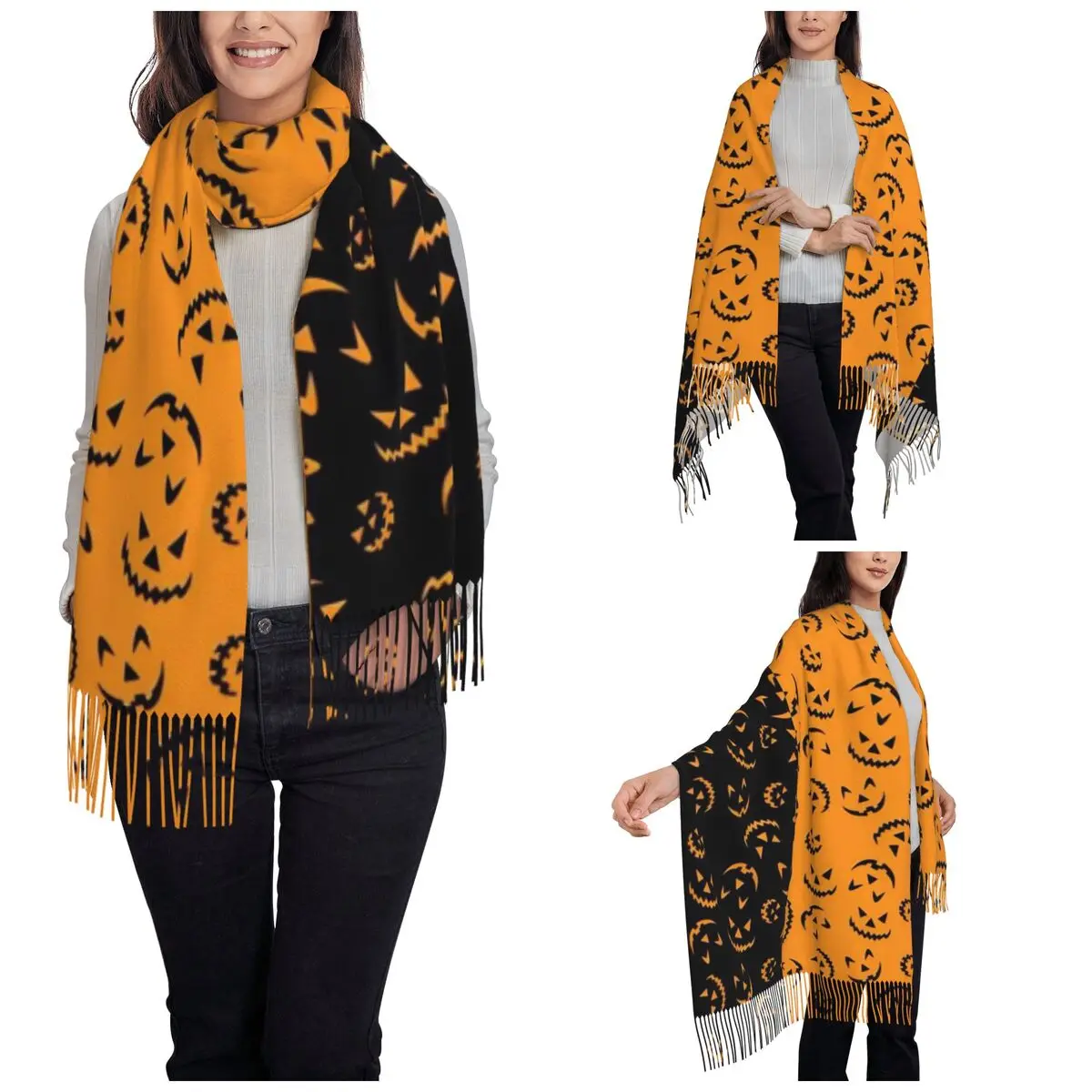 Women's Tassel Scarf Horror Pumpkin Bat Halloween Single-sided Pattern Super Soft Shawl Wrap Daily Wear Pashmina Scarves