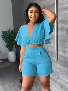 Conjunto de Tops cortos con cuello de pico para mujer, conjunto de dos piezas de Color sólido a la moda con volantes, pantalones cortos informales de manga corta, traje de oficina para mujer