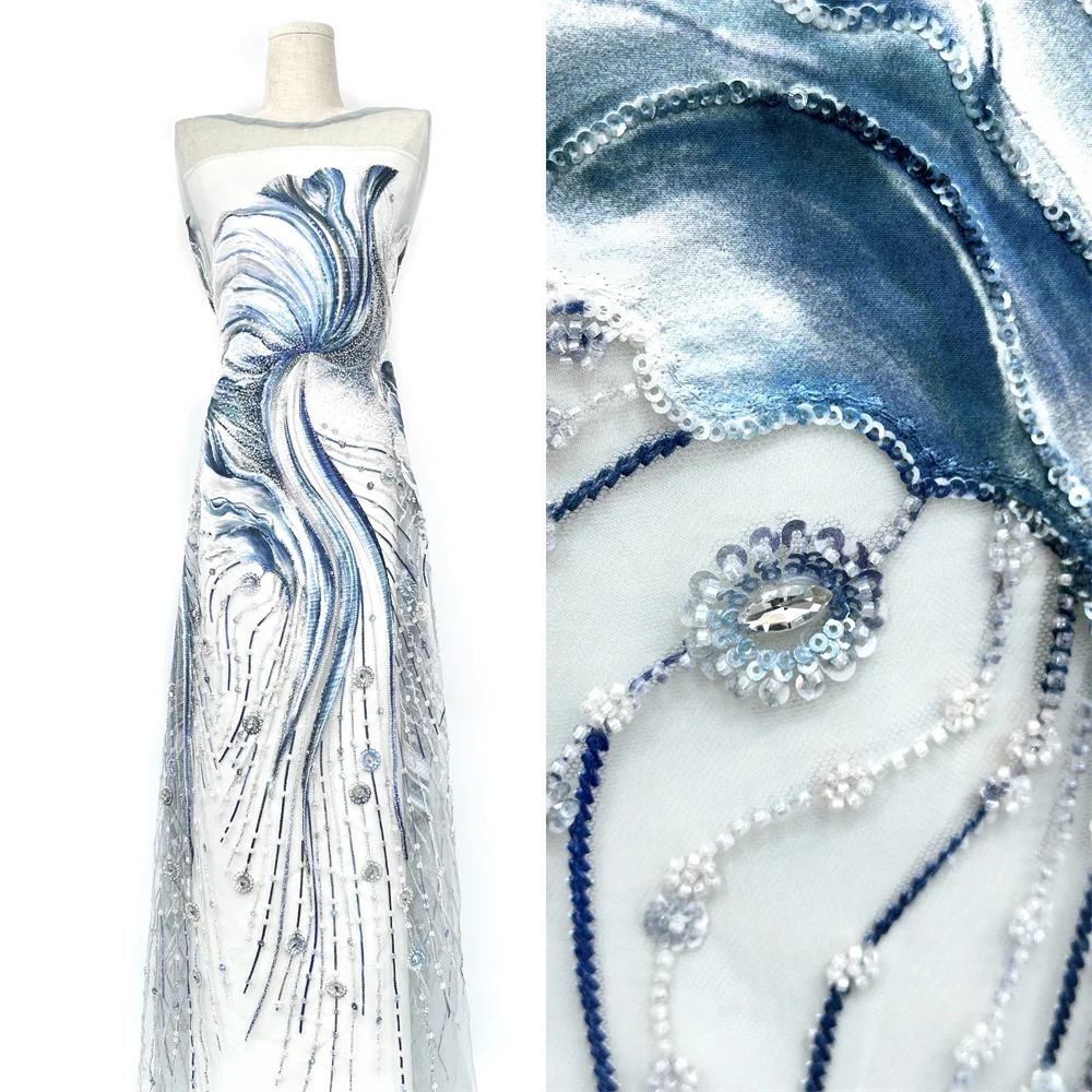 

Luxury New Arrival African Nigerian Beads Embroidery Tulle Lace Elegant French Sequins Lace Fabrics for Wedding Party Dresses