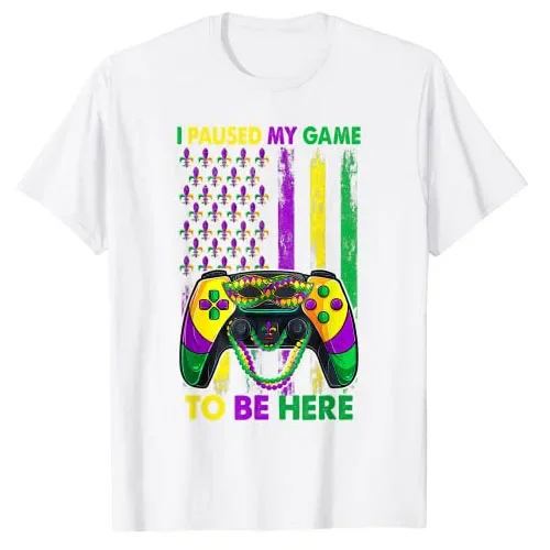 I Paused My Game To Be Here Video Game Beads Mardi Gras Party T-Shirt Gamer Graphic Tee Tops American Flag Print Outfits Gifts