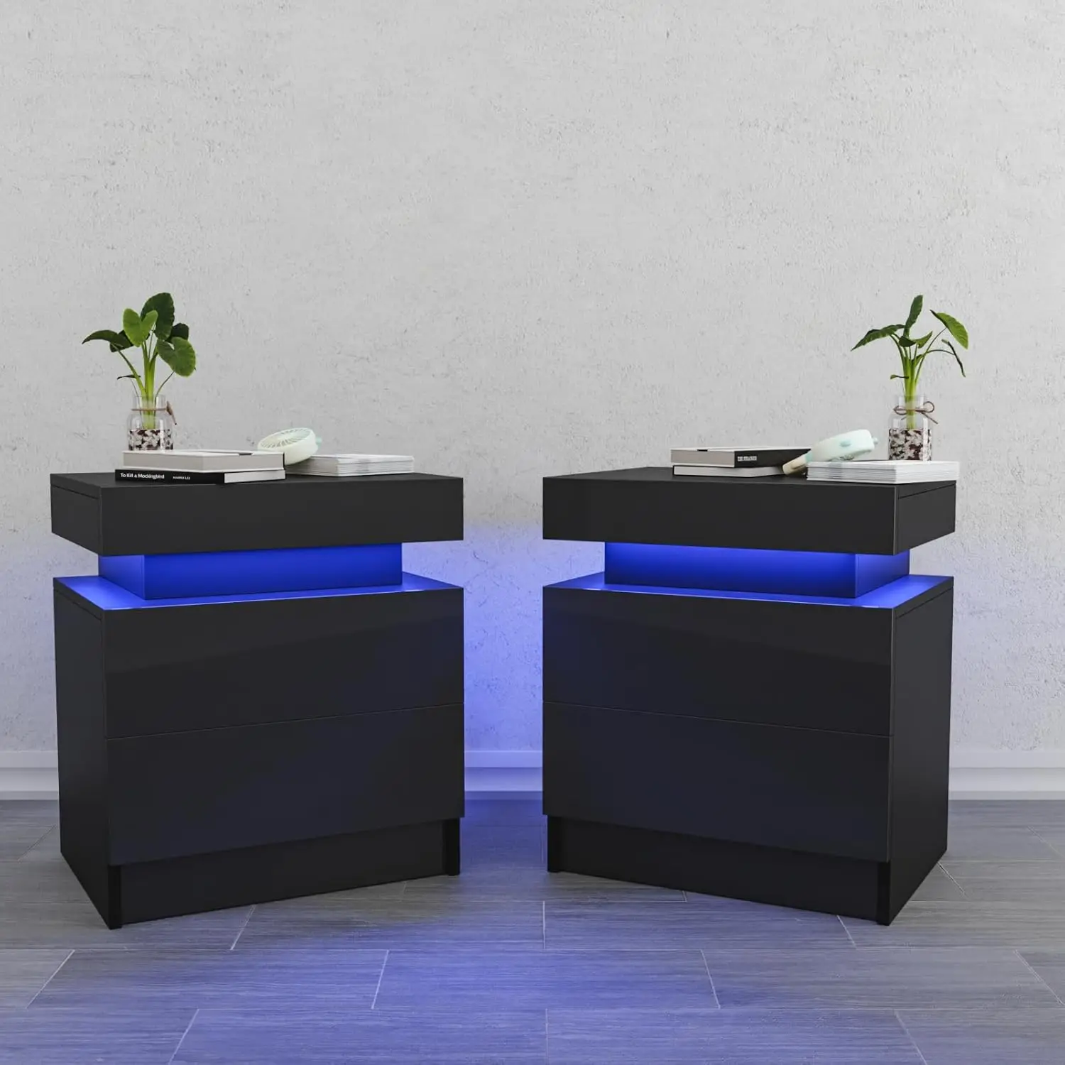 Set of 2 LED Nightstands Black Nightstand with Led Lights Modern Night Stand with 2 High Gloss Drawers Led Bedside Table Smart N