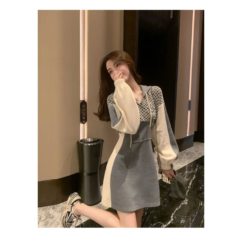 Women's Waist-hugging Hooded Lantern Long Sleeve Contrasting Color French Sweatshirt Dress