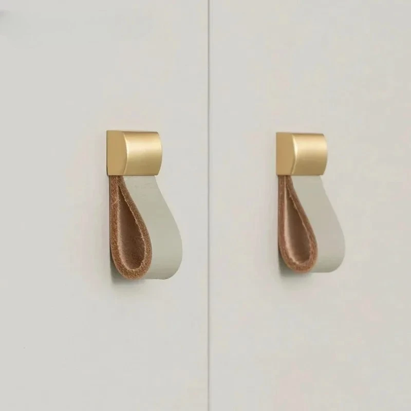 Cabinet Pull Brass Base Nordic Anti‑Collision Soft Leather Handle for Wardrobe Drawer Tatami Closet Kids Room Furniture Hardware