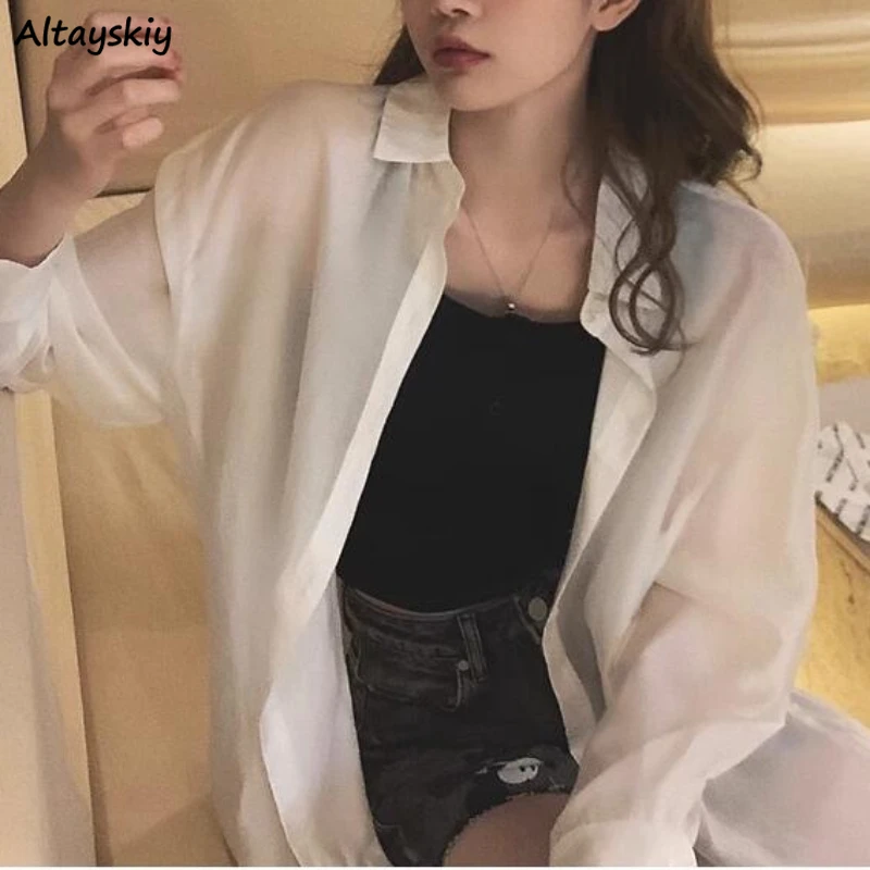 Women Shirts Long-sleeve Casual Loose Tops Simple Summer Outwear Sheer Button-up Slouchy Ulzzang Daily Temperament Stylish New