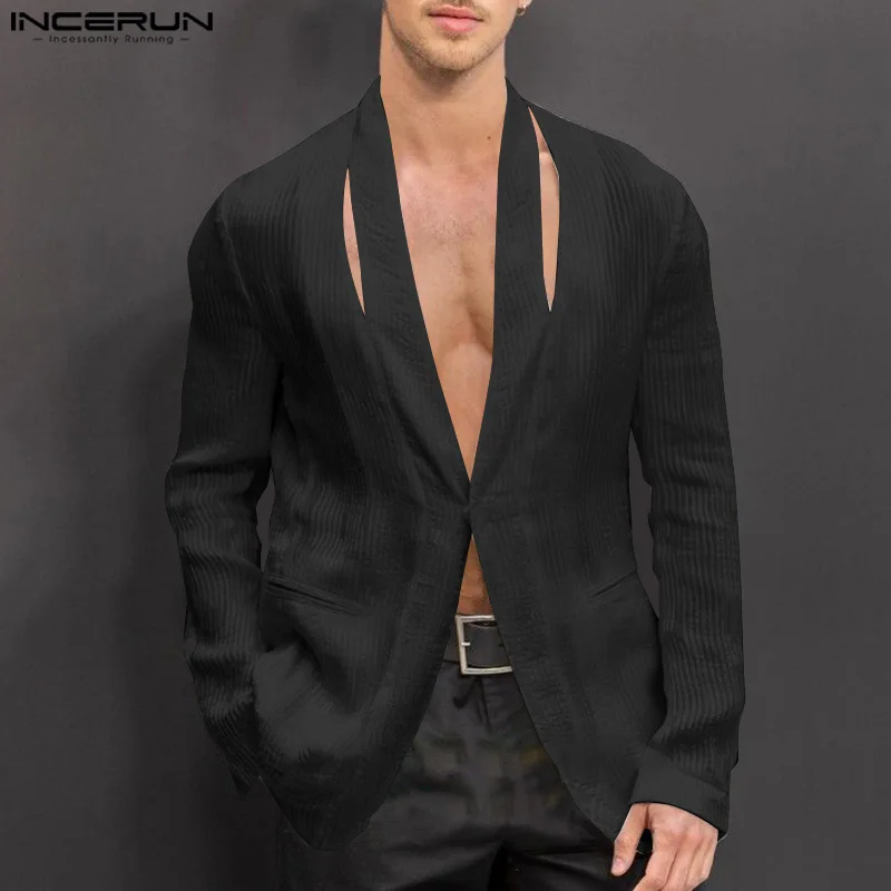 Handsome Turn Down Collar Suits INCEURN  Men Casual Long Sleeve Blazer 2024 Commuting Hollow Out Sexy Button Open Up Jackets