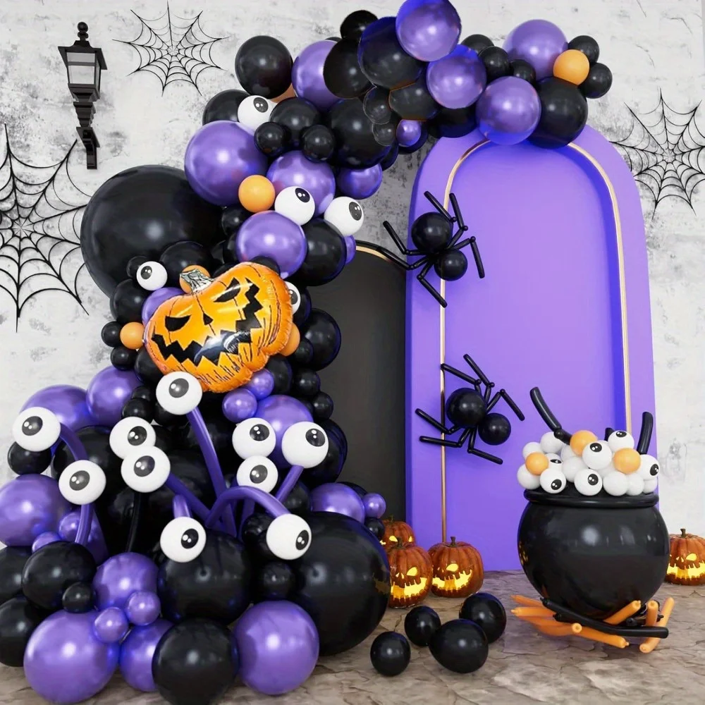 Das 156-teilige Halloween-Ballonbogen-Set enthält Folienballons mit Kürbisgesicht, Luftballons können zum Erstellen von Spinnen und anderen Formen verwendet werden