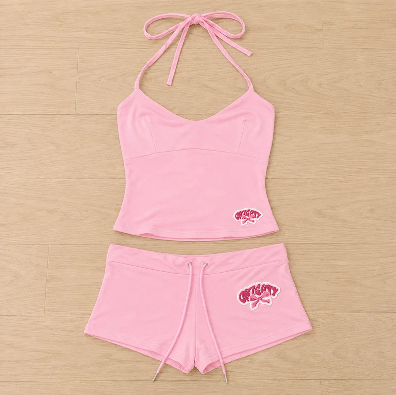 Damen 2-teiliges kurzes Set, Cami-Top, Shorts-Outfit, gerafftes Spaghetti-Träger-Crop-Top, lässiges Sommer-Matching-Set im Y2K-Stil – Detail 3