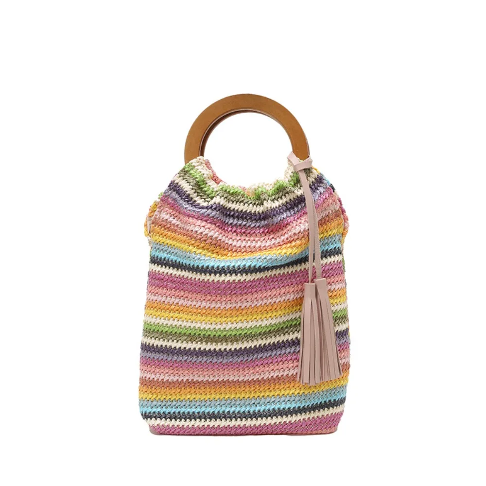 

Casual Bohemian Style Rainbow Woven Handbag with Tassel Beach Summer Bucket Bag Hollow Out Sweet Woven Crochet Bag Holiday