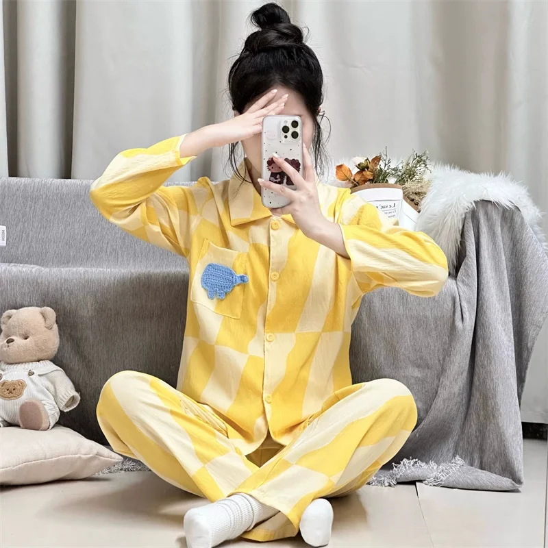 Pyjama Femme Ensemble New Cartoon Cotton Sleepwear Pajama Sets Lapel Long Sleeve Home Suit For Women Pijama Sleeping Clothes