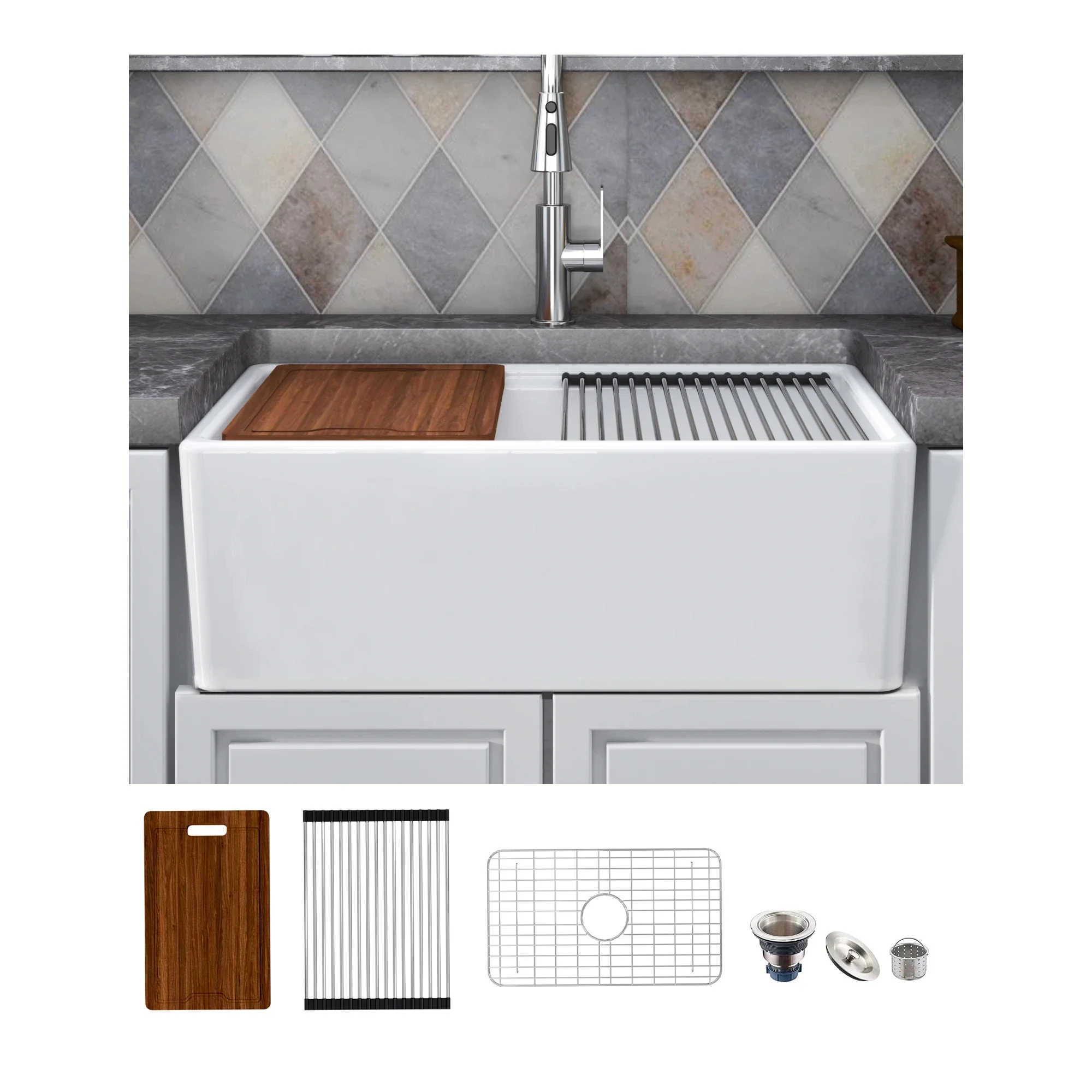 Single/Doubble Bowl Farmhouse Kitchen Sink ,Ceramic with Cutting Board ,Grid & Strainer - White 76/84 CM CX007XS