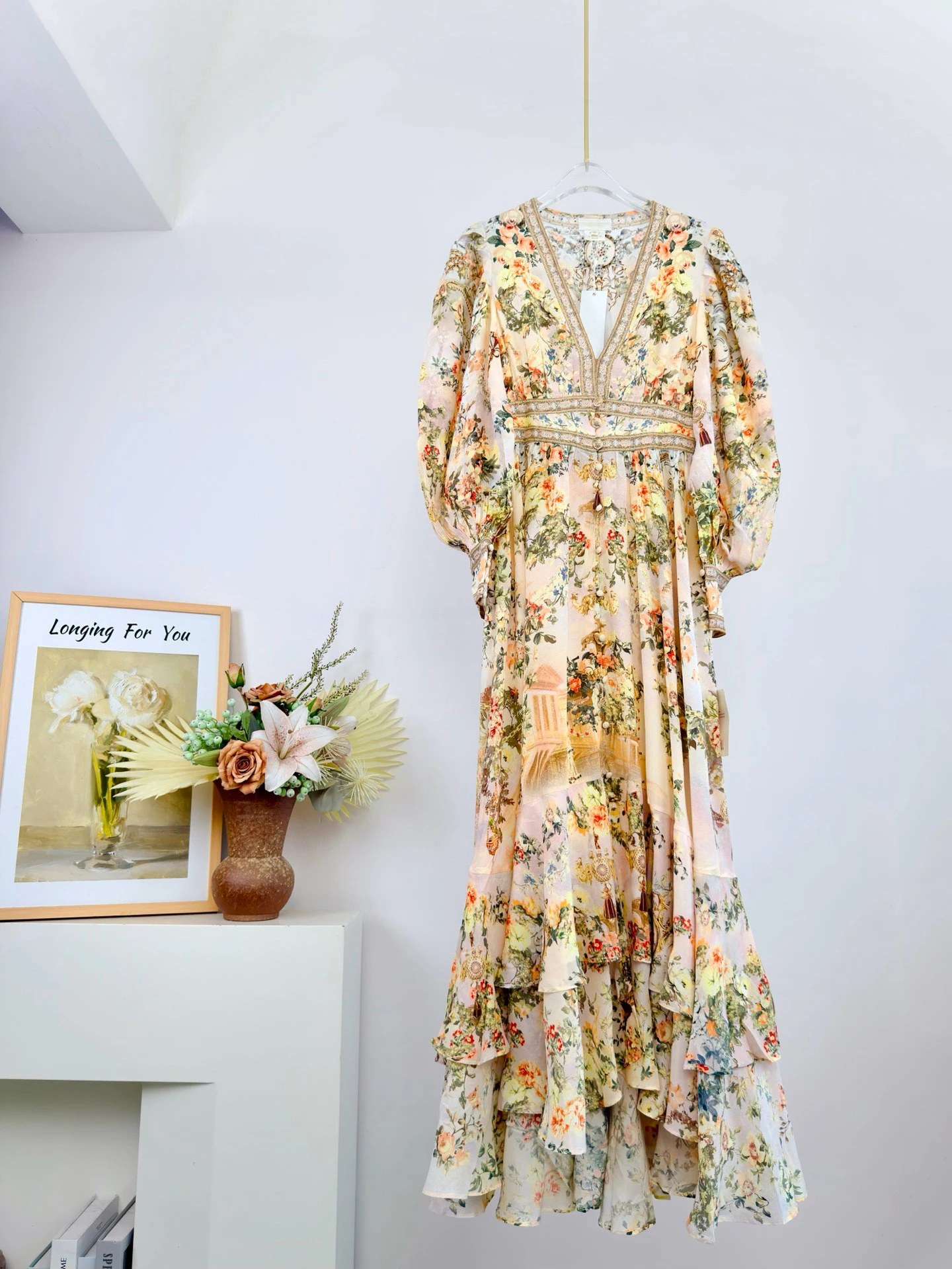 

100% Real Silk Summer New Light Yellow Floral Print Chiffon Maxi Dress Women V Neck Long Sleeve Bohemian High Waist Long Dress