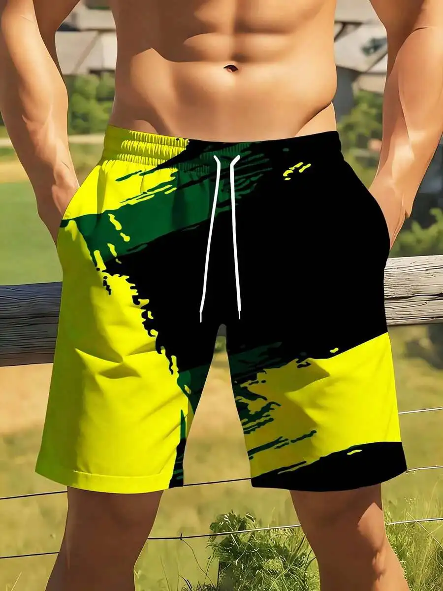 

Mens Yellow Black Abstract Pattern Casual Sports Shorts