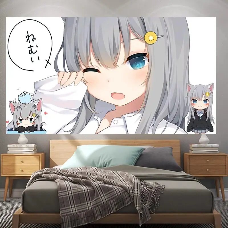 VIKAMA Cute Cat Ear Anime Girl Tapestry Blue Aesthetic Nekomimi Wall Hanging for Bedroom Otaku Room Decor Wall Hanging Tapestry