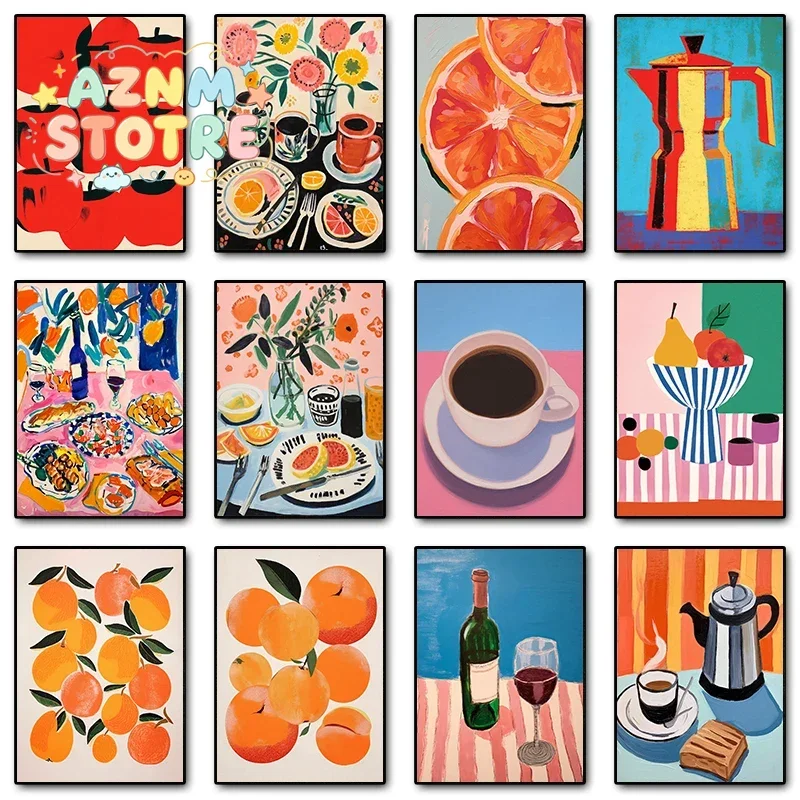 Pôsteres e Impressões de Comida e Bebida Retrô, Laranja, Cítricos, Espresso, Pinturas em Tela, Arte de Parede, Decoração para Cozinha e Sala de Jantar