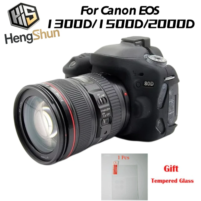 For Canon EOS 1300D/1500D/2000D Silicone Armor Skin Case Camera Bag Body Photography Protective Cover + 1PCS Free Tempered Film