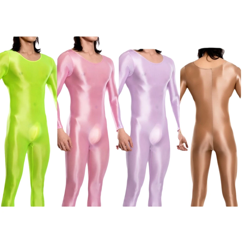 Sexy Mens Shiny Glossy Jumpsuit Zentai Suit Lingerie Long Sleeve Bodystocking Sport Gym Fitness Bodysuit Costume