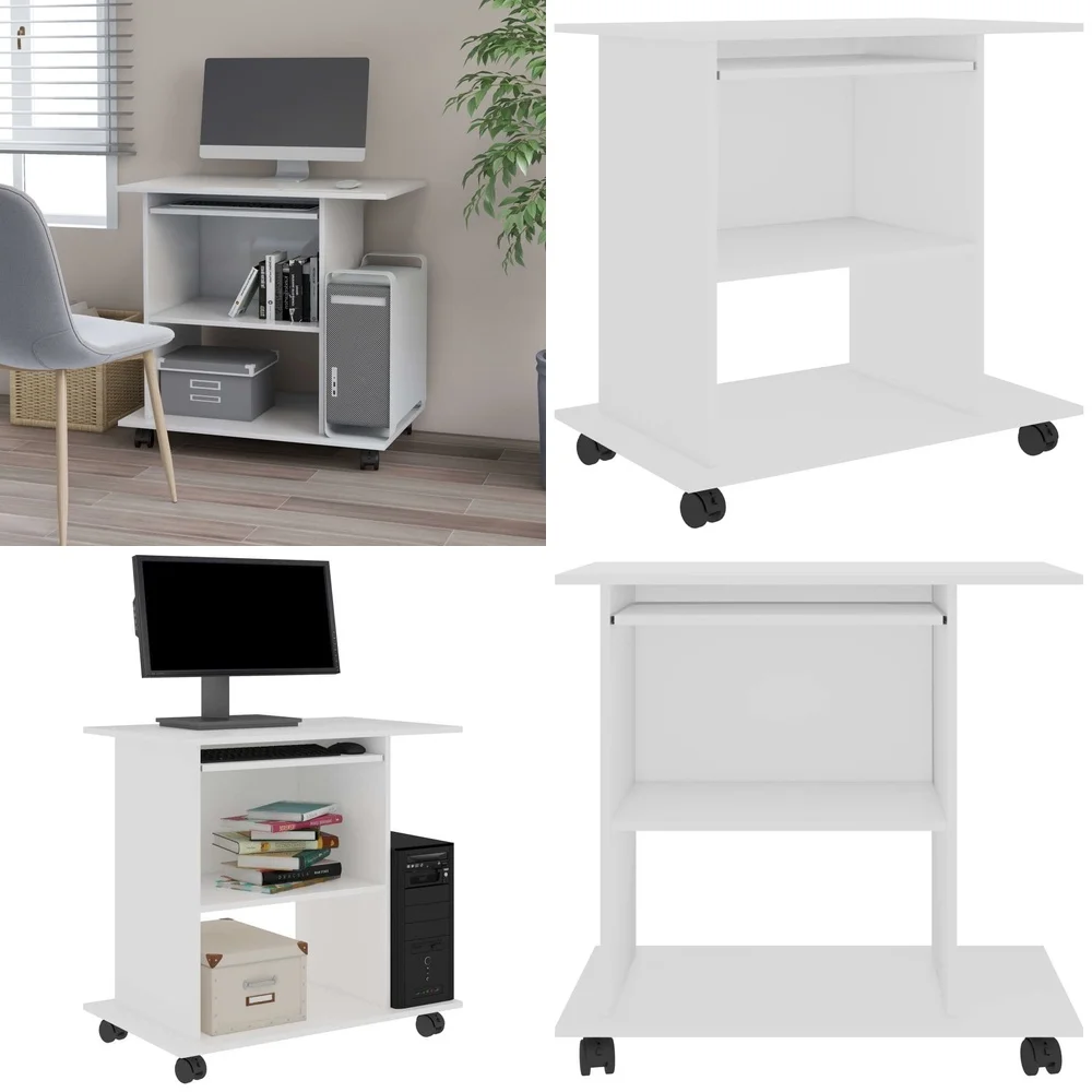 

Computer DesksCompact White Computer Desk with Pull Out Storage Engineered Wood Modern Design Space Saving