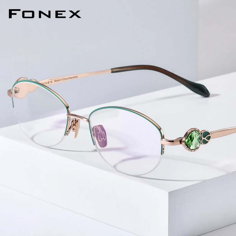 FONEX Titanium Eyeglasses Frame Women Luxury Brand Designer Diamond Trim Semi-Rimless Glasses High Quality Japanese Eyewear 6123