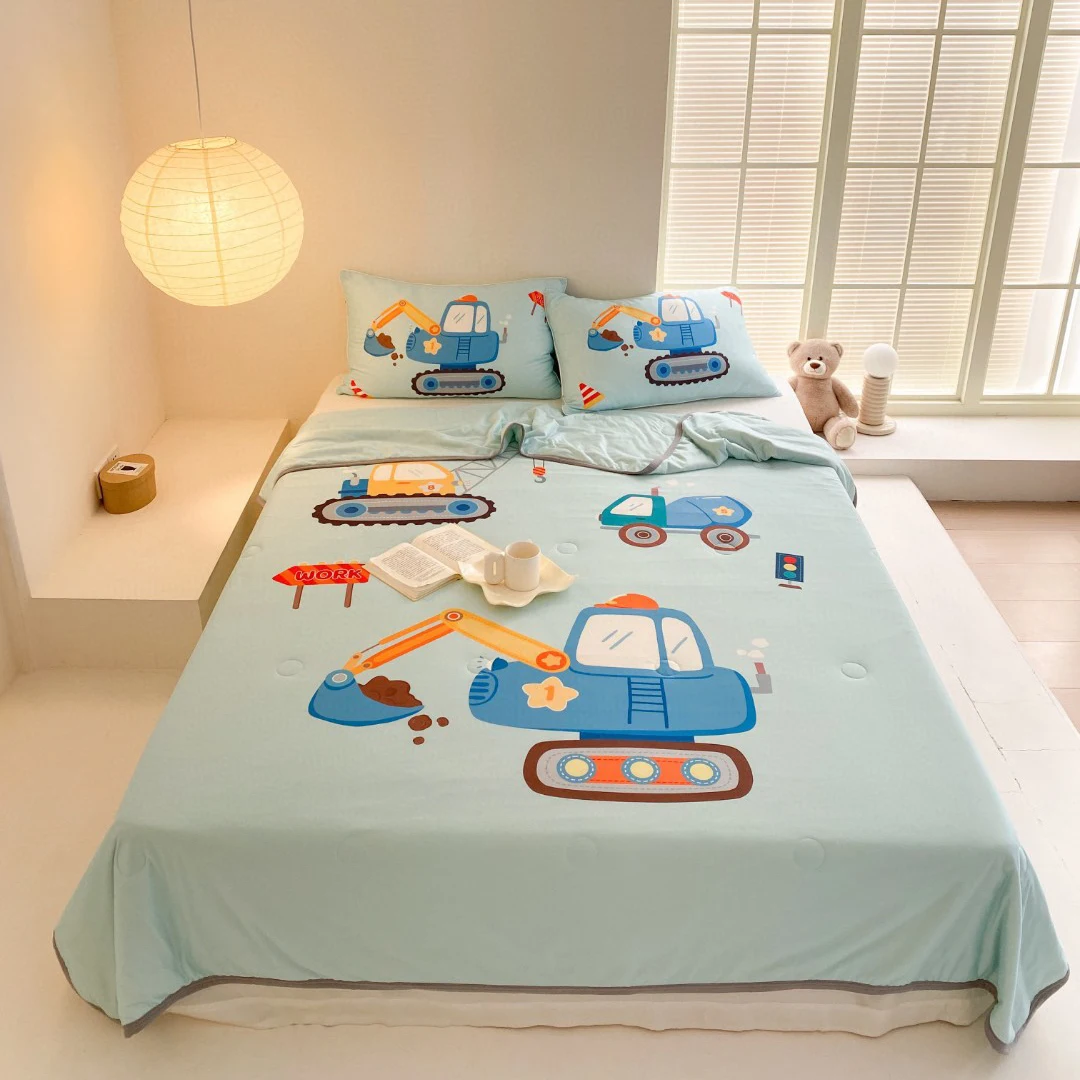 

Cute Excavator Pillowcases Cartoon Printing Bedding Sets Cool Summer pink Cotton Girl Quilts Wholesaler