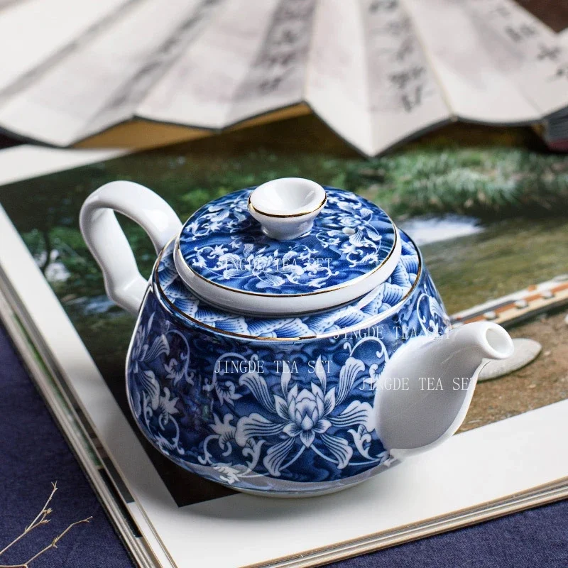 240ml Blue and White Porcelain Teapot Gold Rim Inlaid Lotus Floral Pattern Ceramic Tea Pot Chinese Kung Fu Tea Brewing Vessel