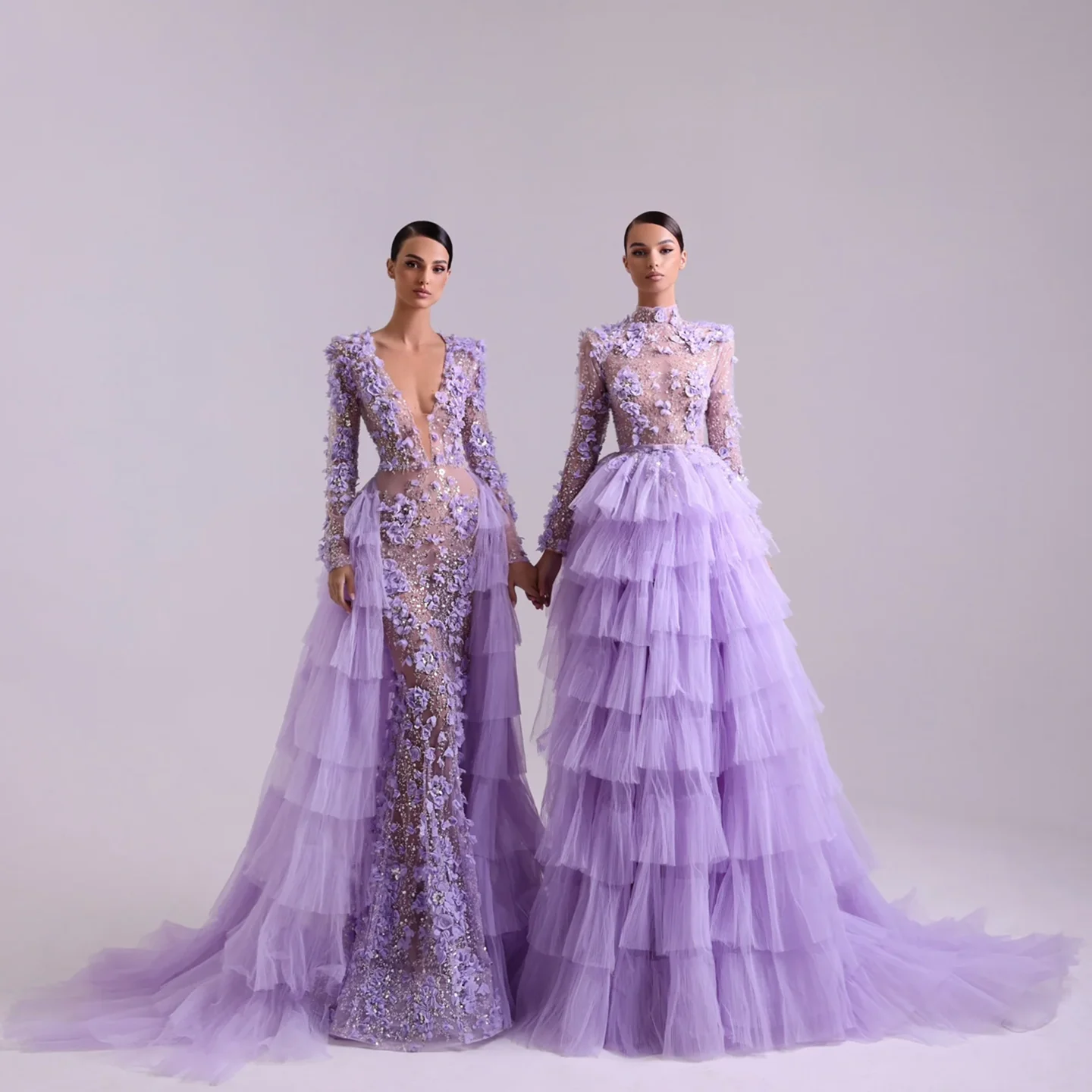 

Sharon Said Lilac Long Sleeve Evening Dress 3D Flowers Tiered Overskirt Women Wedding Party Prom Gown 2025 SS637 Customized