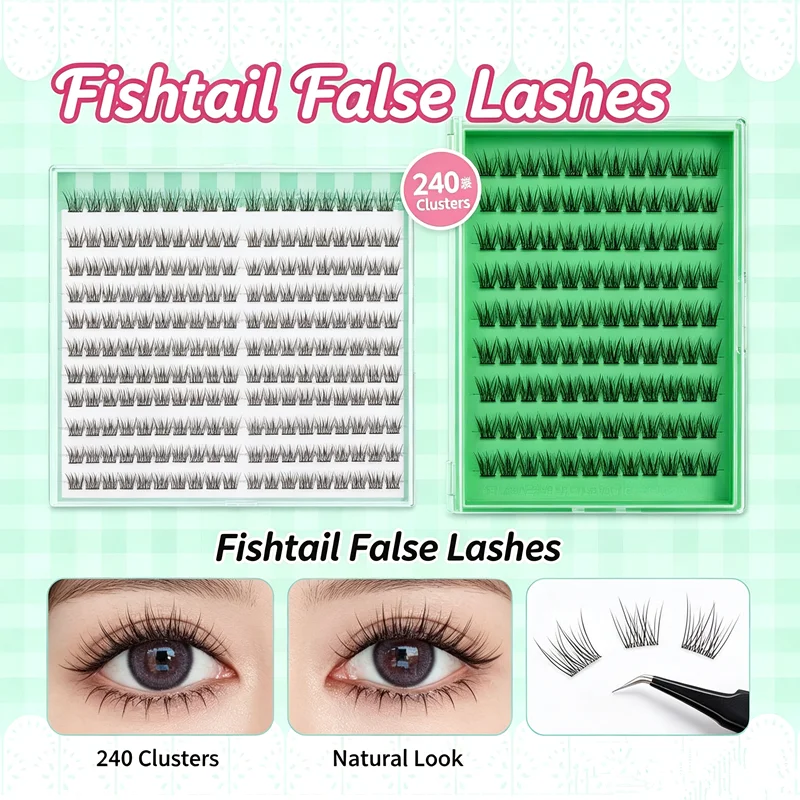 Glue-free Fishtail False Eyelashes 240 Clusters, Self-Stick Segmented Lash Clusters, Soft Airy Lashes for Beginners 10-12mm