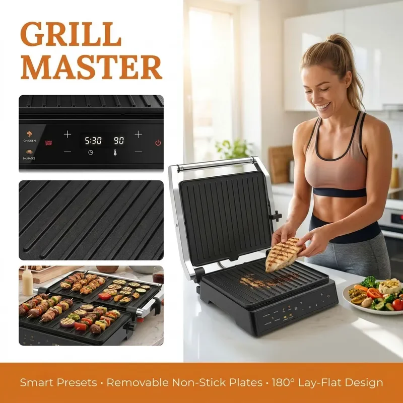 2000W Electric Grill Panini Press Machine with Touch Screen Temperature Control for Steak Sandwich Breakfast Cooking Plate