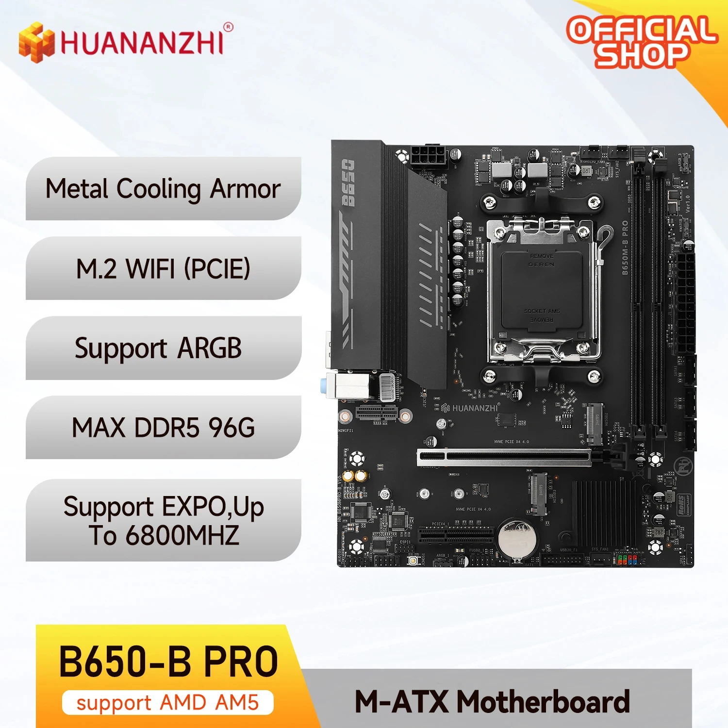 HUANANZHI B650M B PRO AMD AM5 Motherboard Support Ryzen R5 R7 7000 8000 9000 Series M.2 NVME WIFI Dual Channel DDR5 EXPO RAM